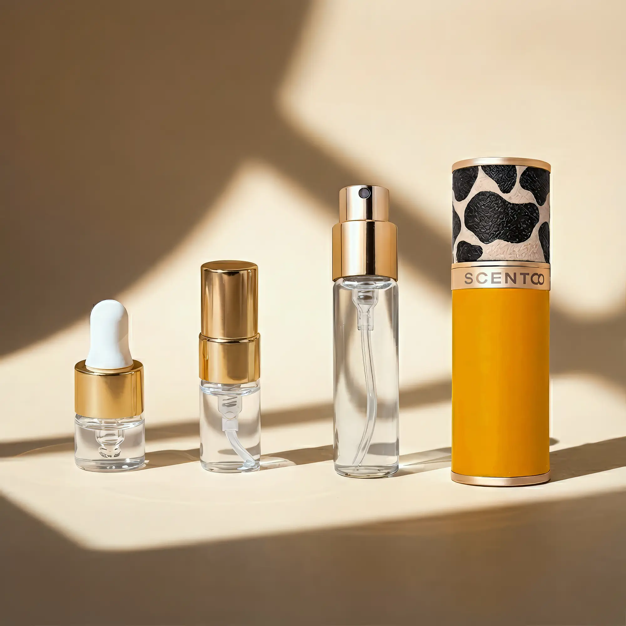 Scento perfume sample vials in 0.75ml, 2ml, and 8ml sizes with atomizer