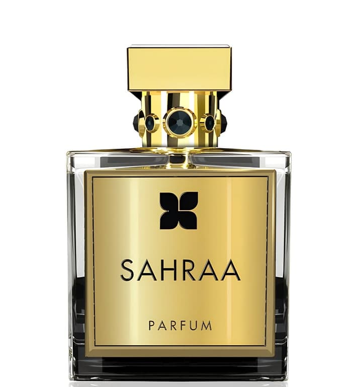 Fragrance Du Bois Sahraa perfume bottle – blurred decorative background