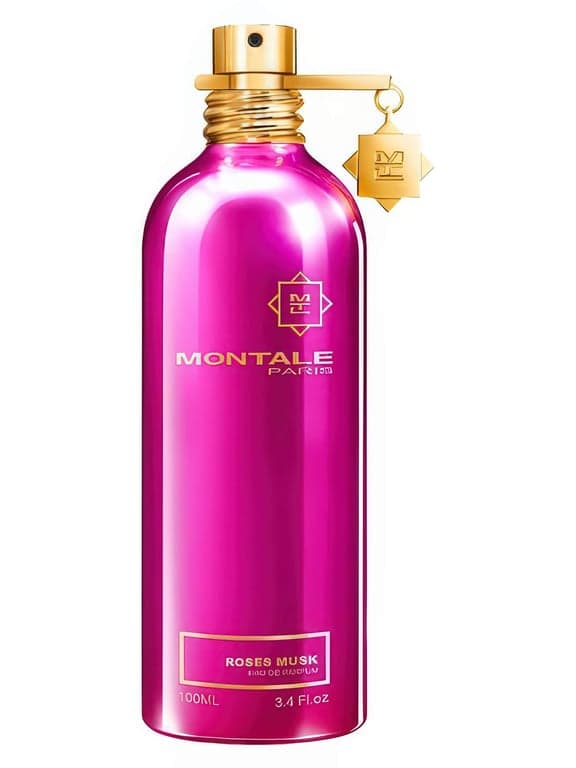 Montale Roses Musk perfume bottle – blurred decorative background