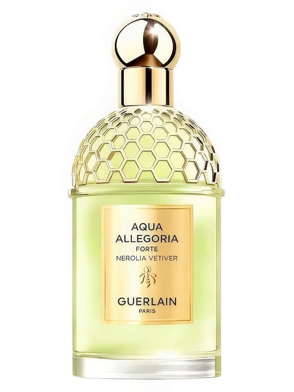 Guerlain Aqua Allegoria Forte Nerolia Vetiver perfume bottle – blurred decorative background