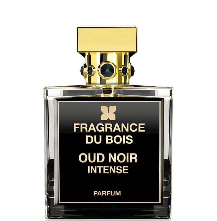 Fragrance Du Bois Oud Noir Intense perfume bottle – blurred decorative background