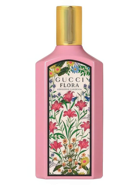 Gucci Flora Gorgeous Gardenia perfume bottle – blurred decorative background