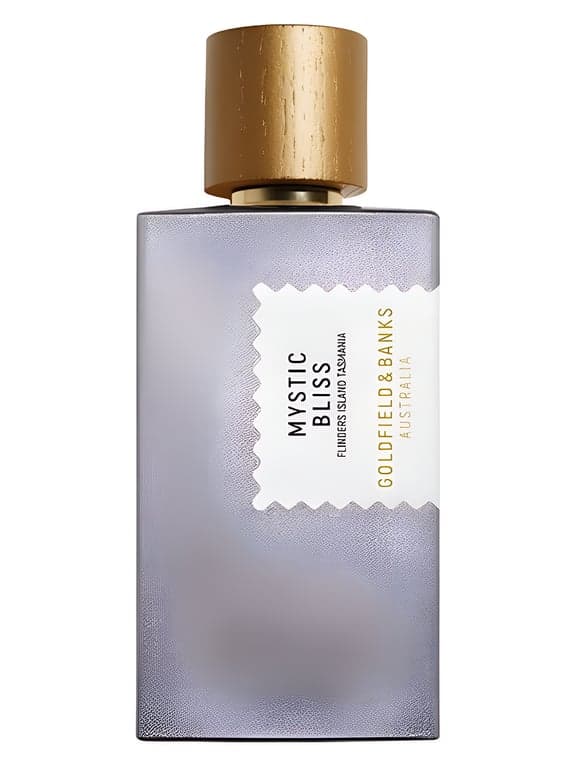 Goldfield & Banks Mystic Bliss perfume bottle – blurred decorative background