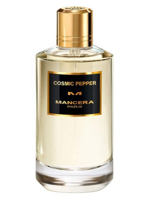 Mancera Cosmic Pepper perfume bottle – blurred decorative background