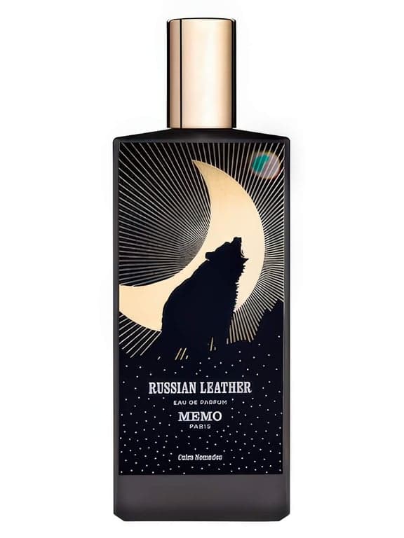 Memo Paris Russian Leather perfume bottle – blurred decorative background