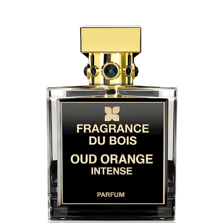 Fragrance Du Bois Oud Orange Intense perfume bottle – blurred decorative background