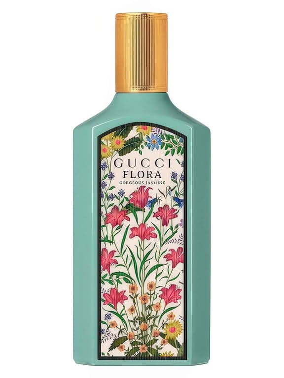 Gucci Flora Gorgeous Jasmine perfume bottle – blurred decorative background