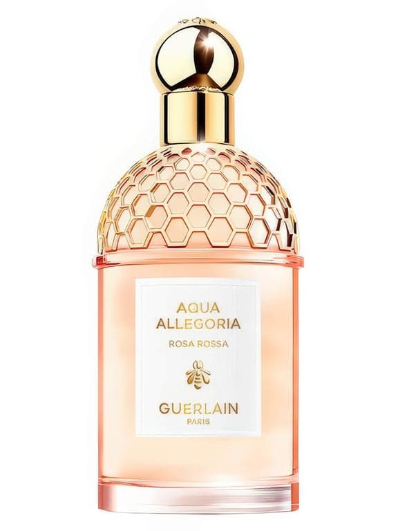 Guerlain Aqua Allegoria Rosa Rossa perfume bottle – blurred decorative background