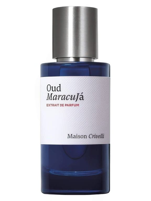Maison Crivelli Oud Maracujá perfume bottle – blurred decorative background