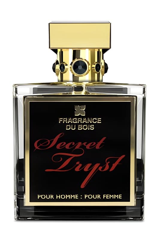 Fragrance Du Bois Secret Tryst perfume bottle – blurred decorative background