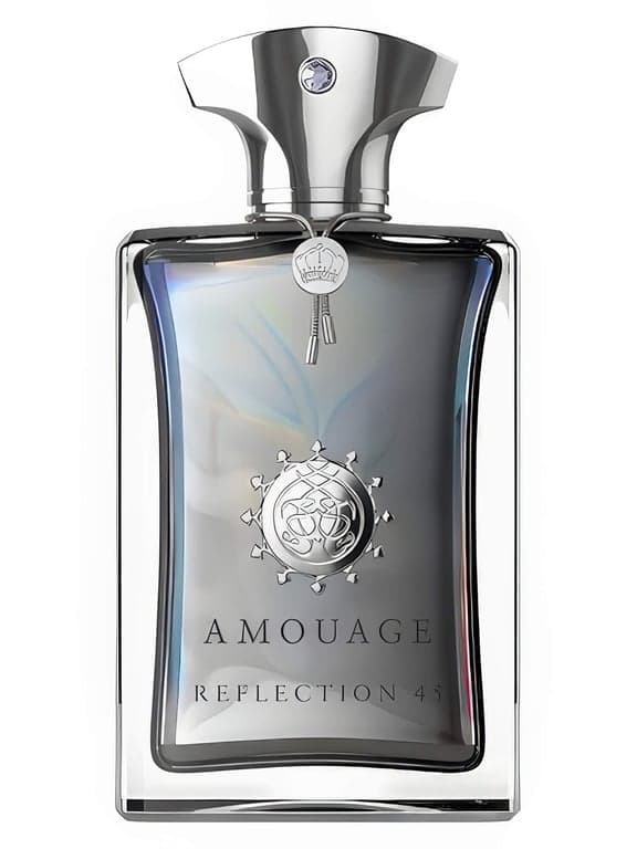 Amouage Reflection 45 Man perfume bottle – blurred decorative background