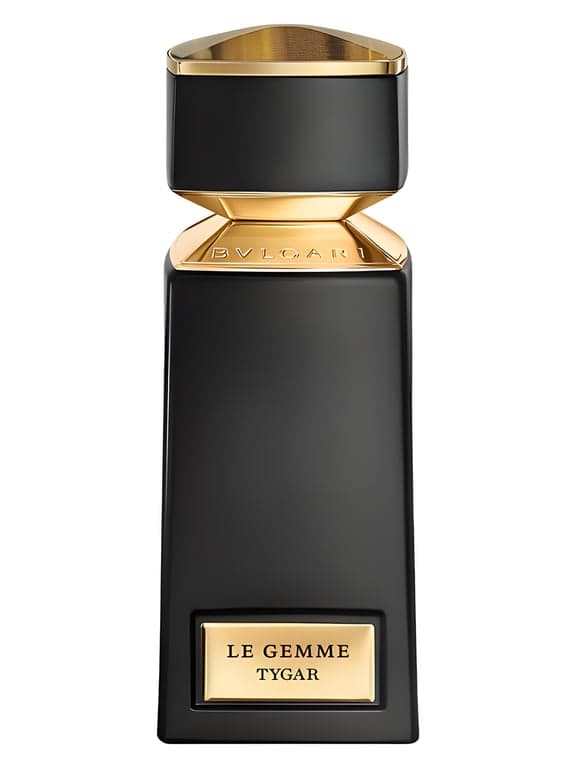 Bvlgari Le Gemme Tygar perfume bottle – blurred decorative background