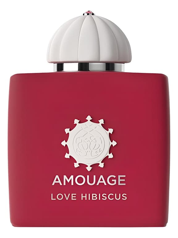 Amouage Love Hibiscus perfume bottle – blurred decorative background