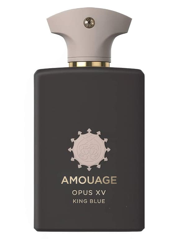Amouage Opus XV – King Blue perfume bottle – blurred decorative background