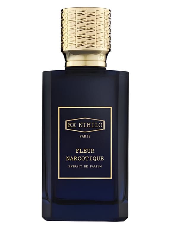 Ex Nihilo Fleur Narcotique Extrait perfume bottle – blurred decorative background