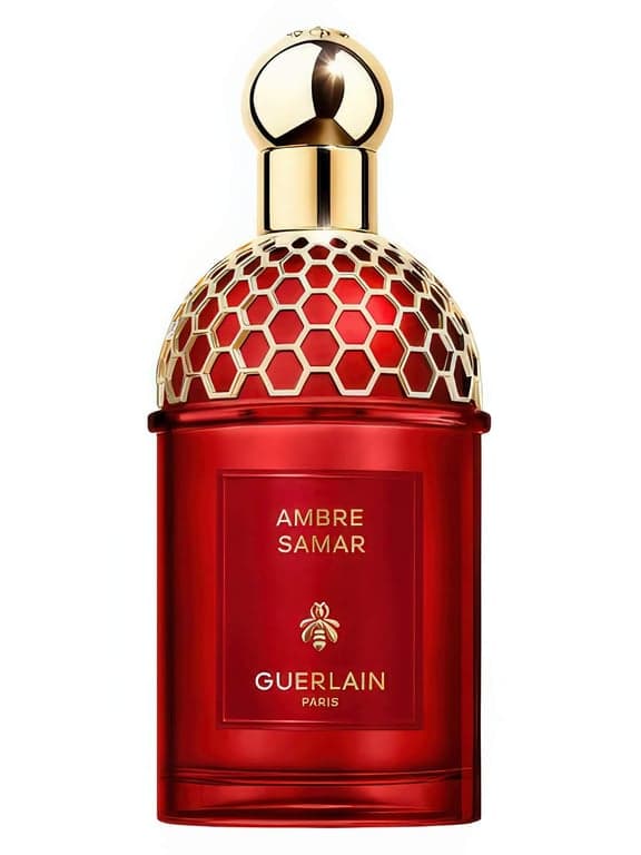 Guerlain Ambre Samar perfume bottle – blurred decorative background