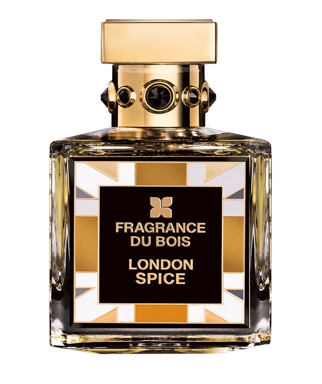 Fragrance Du Bois London Spice perfume bottle – blurred decorative background
