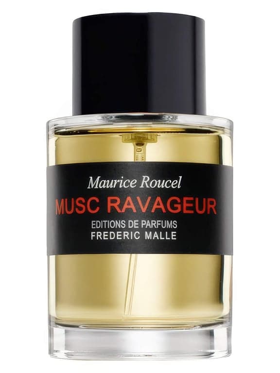 Frederic Malle Musc Ravageur perfume bottle – blurred decorative background