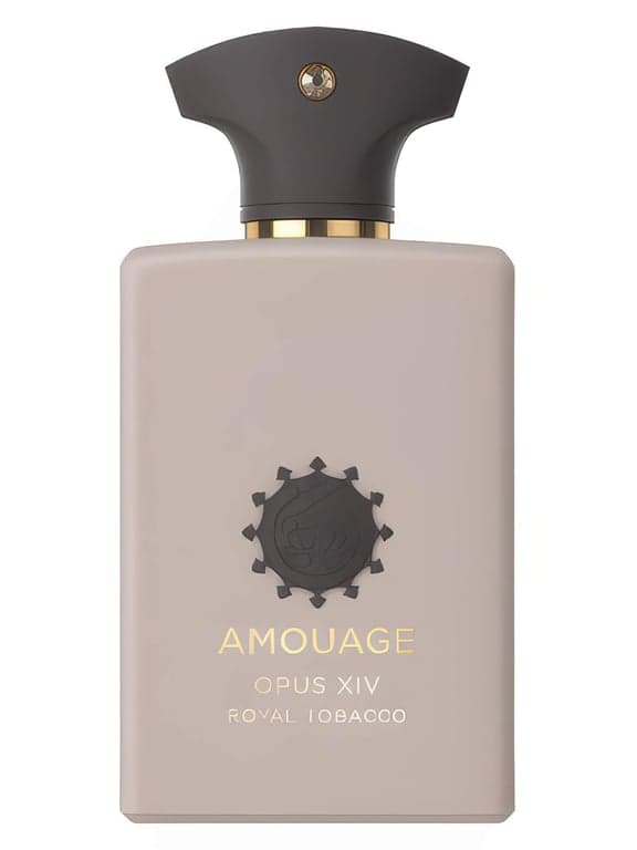 Amouage Opus XIV Royal Tobacco perfume bottle – blurred decorative background