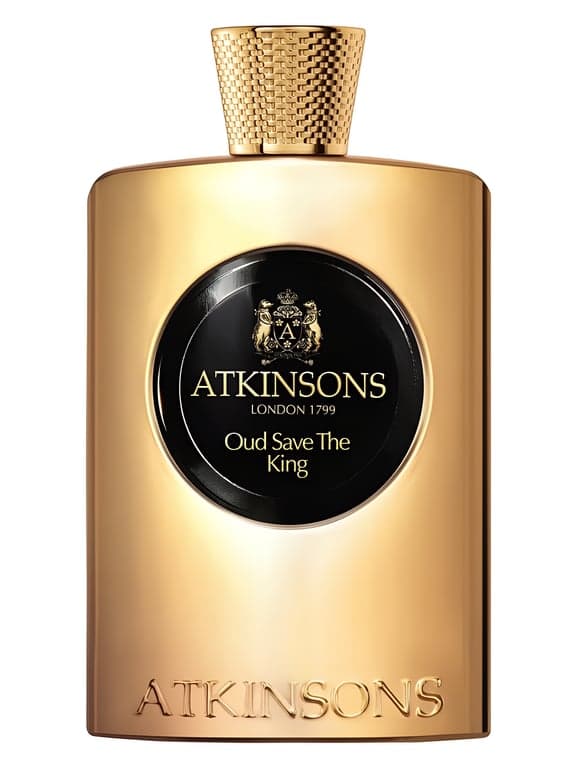 Atkinsons Oud Save The King perfume bottle – blurred decorative background
