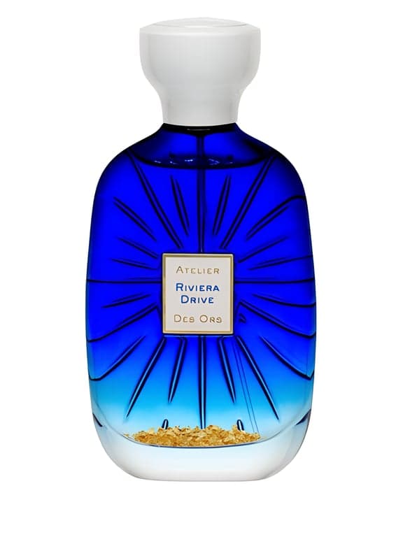 Atelier des Ors Riviera Drive perfume bottle – blurred decorative background