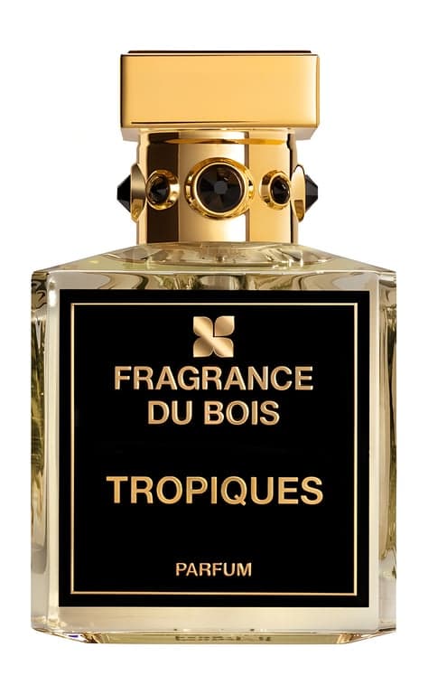 Fragrance Du Bois Tropiques perfume bottle – blurred decorative background