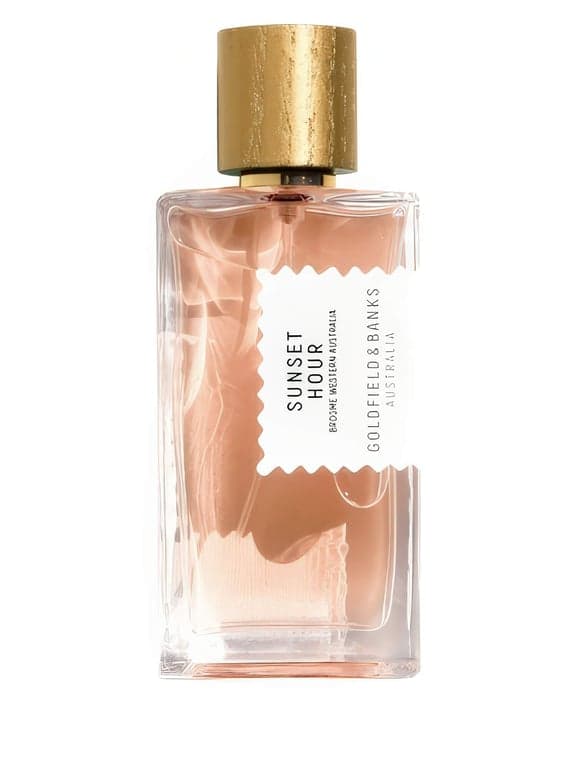 Goldfield & Banks Sunset Hour perfume bottle – blurred decorative background