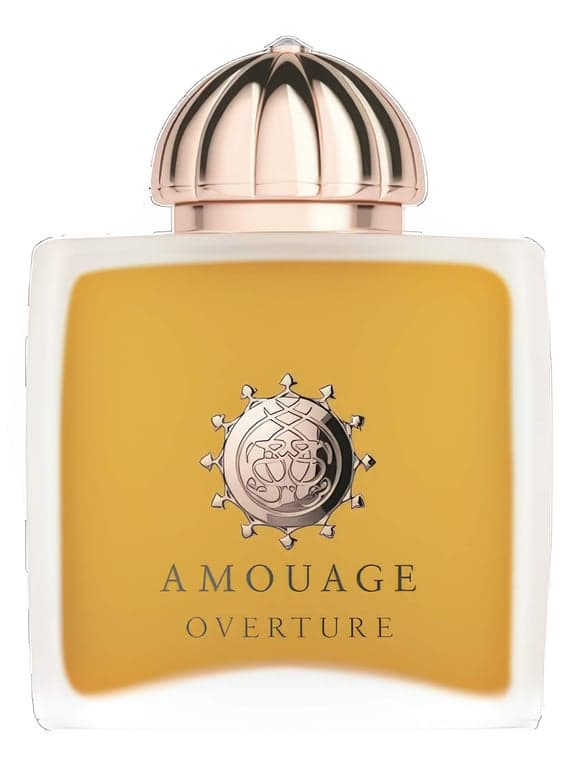Amouage Overture Woman perfume bottle – blurred decorative background