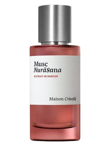 Maison Crivelli Musc Nurāsana perfume bottle – blurred decorative background