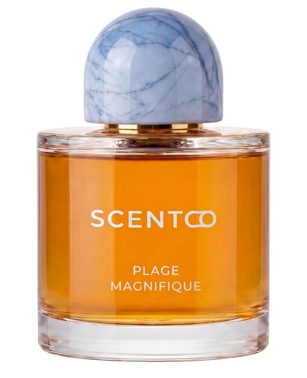 Scento Plage Magnifique perfume bottle – blurred decorative background