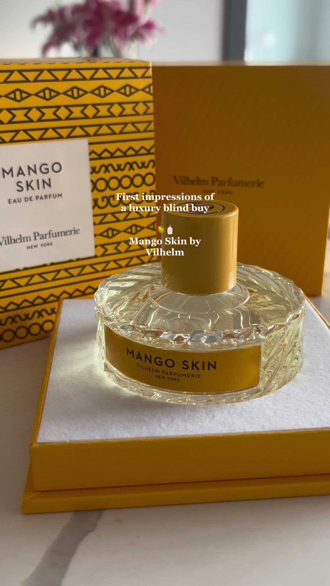 First impressions of a luxury blind buy- Mango Skin by Vilhelm, basically summer in an bottle. SUCH a sweet fruity gourmand. #perfumetiktok #perfumetok #perfume #luxuryperfume #nicheperfume #vilhelmparfumerie #mangoskin #gourmandperfume #fruityperfume 