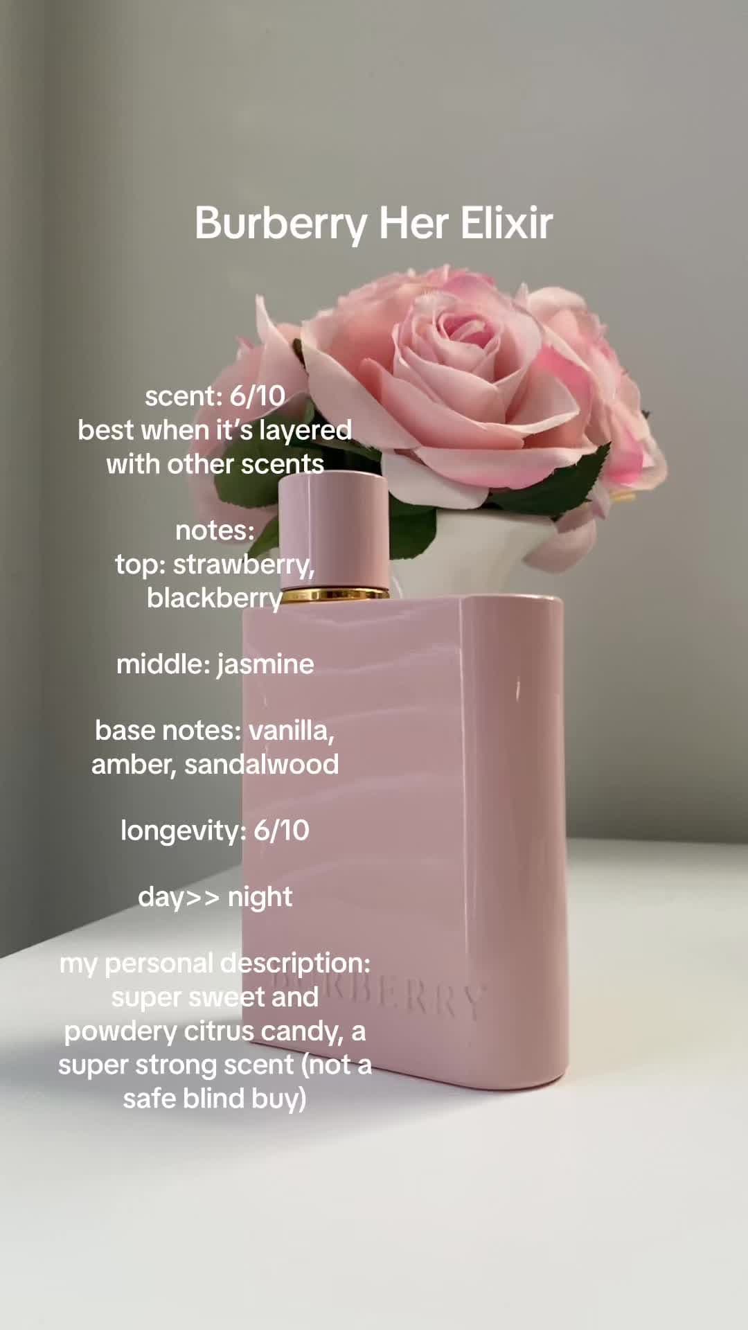 Burberry her Elixir .. It smells great when its layered with other scents! It’s very very powdery, sweet and citrusy/fruity. You either hate it or love it. #burberry #burberryherelixir #perfumetok #perfumereview 