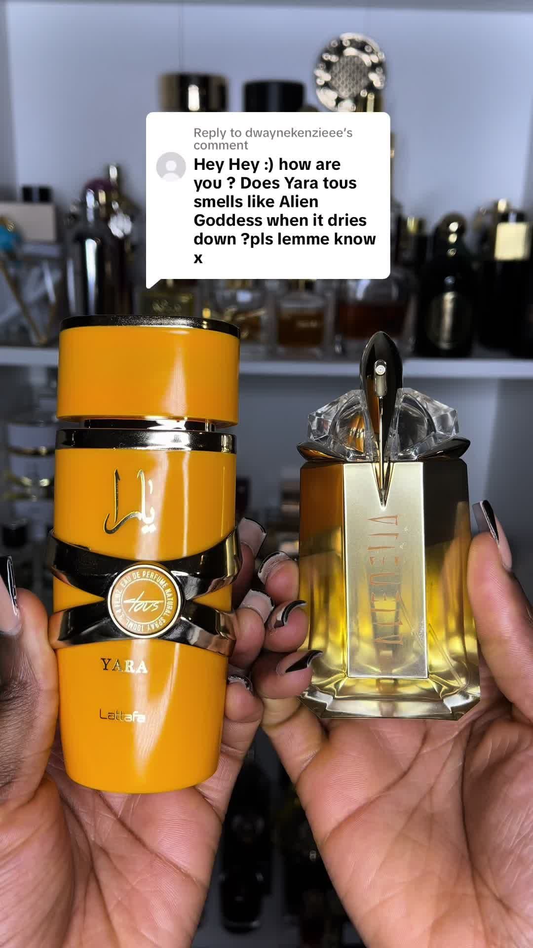 Replying to @dwaynekenzieee Yara Tous vs Alien Goddess! They both smell good but i prefer Yara Tous! The mango & passionfruit gives it an extra punch of sweetness 😍  #yaratous #yaratouslattafa #yaratousperfume #aliengoddess #famepacorabanne #tropicalfragrance #kuboiddd 