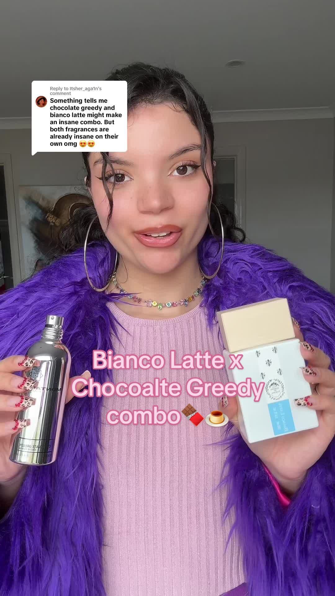 Replying to @Itsher_aga1n Bianco Latte and Choclate Greedy is the best fragrance combo ive ever tried!! 😍 #perfume #perfumetiktok  #perfumes #perfumetok #beauty #fyp  #shoppinghaul #shopping #shopping #review #fypシ #fypシ゚viral #foryou #foryourpage #dupe #shoppingaddict #shoppingfun #haul #biancolatte #nicheperfume 