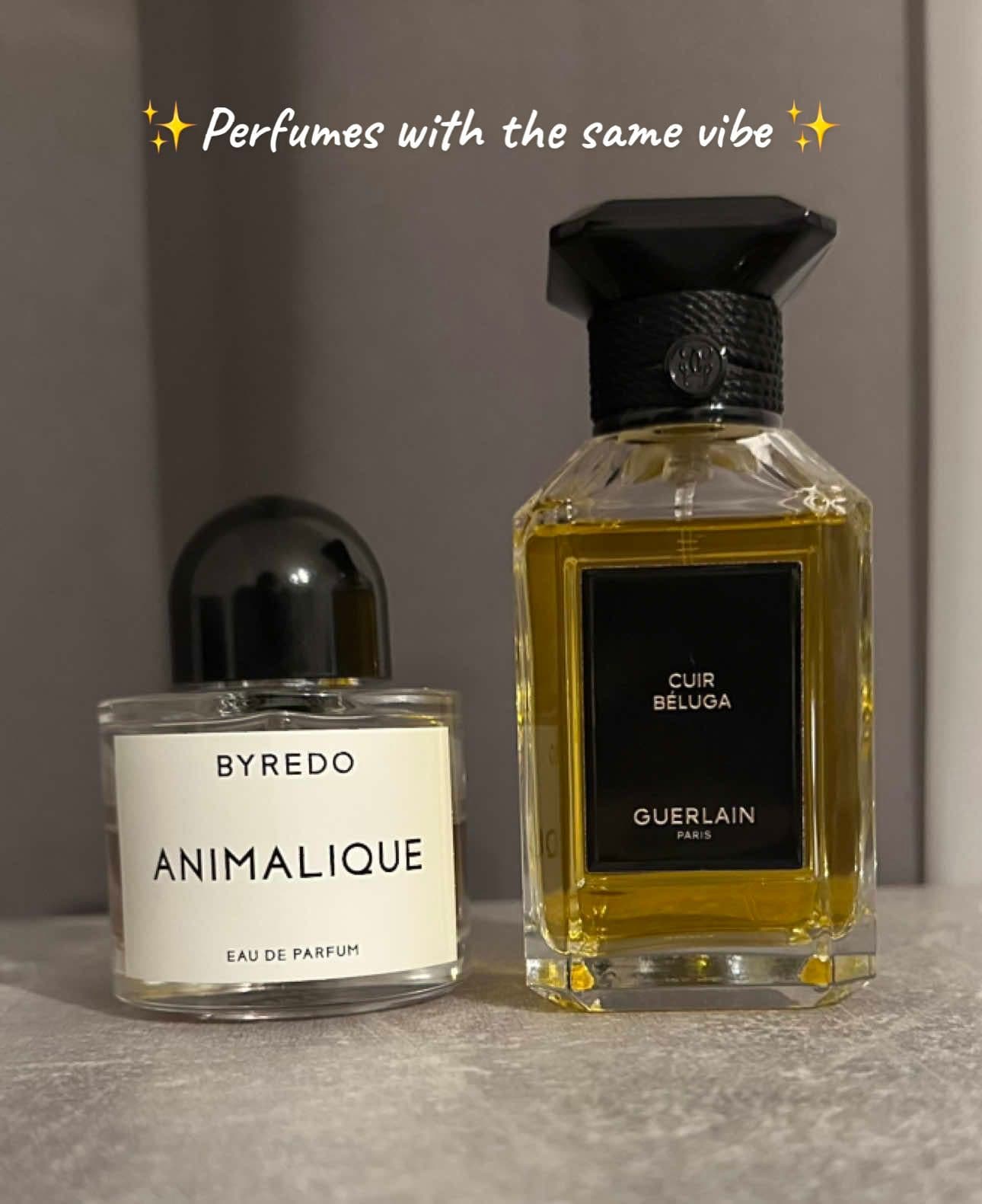 If you like Byredo - Animalique you should try Cuir Beluga from Guerlain. I think the suede/leather note is really similar in both of them but Animalque is a little stronger and more powdery than Cuir Beluga but they still give me the same vibe Cuir Beluga is my favourite Suede/Leather/Vanilla scent at the moment☺️ do you like the perfumes? #perfumetok #perfumetiktok #fyp #fragrances #guerlain #byredo 