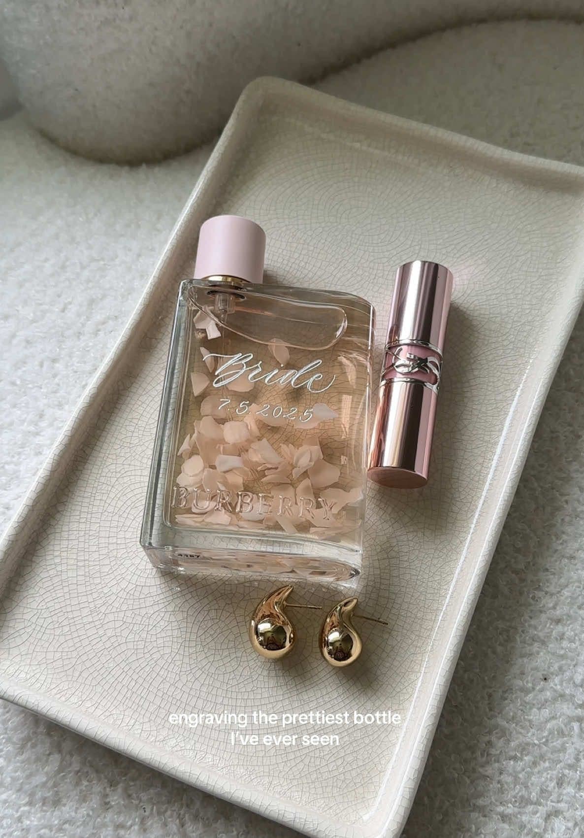 engrave Burberry Her Petals with me ✨💐💍 majorly obsessed with this bottle and engraving for the bride omg!!!! #burberryher #weddingdetails #2026bride #2027bride #perfumeengraving 