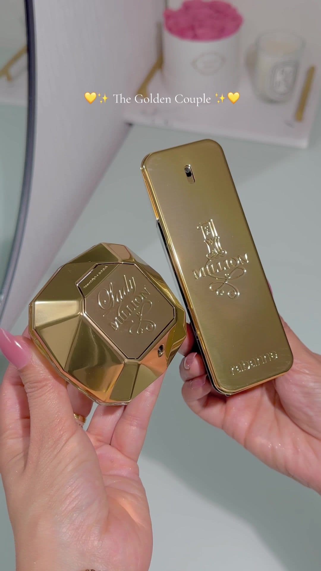 💛✨ The Golden Couple — @rabanne ✨💛 For her: Lady Million – radiant, glamorous, and irresistibly feminine. Top Notes: Raspberry, Neroli, Amalfi Lemon Middle Notes: Jasmine, Gardenia, African Orange Flower Base Notes: White Honey, Amber, Patchouli For him: 1 Million – bold, magnetic, and daringly confident. Top Notes: Grapefruit, Blood Mandarin, Mint Middle Notes: Cinnamon, Spicy Notes, Rose Base Notes: Leather, Amber, Woody Notes, Patchouli Together, they shine brighter — a love story written in gold. 💕👑 #PacoRabanne #LadyMillion #OneMillion #HisAndHers #CoupleFragrance 