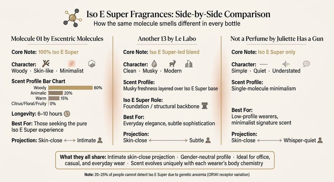 Iso E Super Fragrances Compared: Molecule 01 vs Another 13 vs Not a Perfume