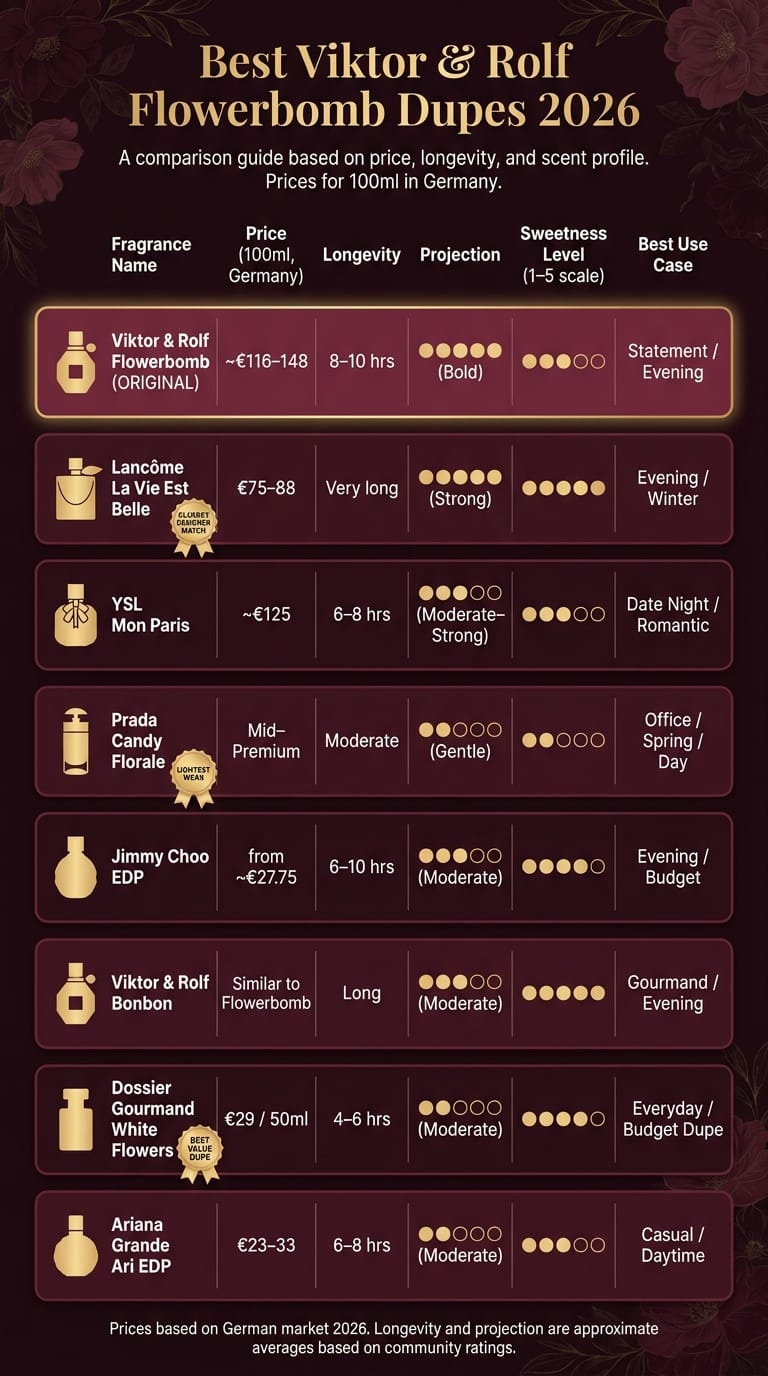 Flowerbomb Dupes Compared: Price, Longevity & Scent Profile 2026