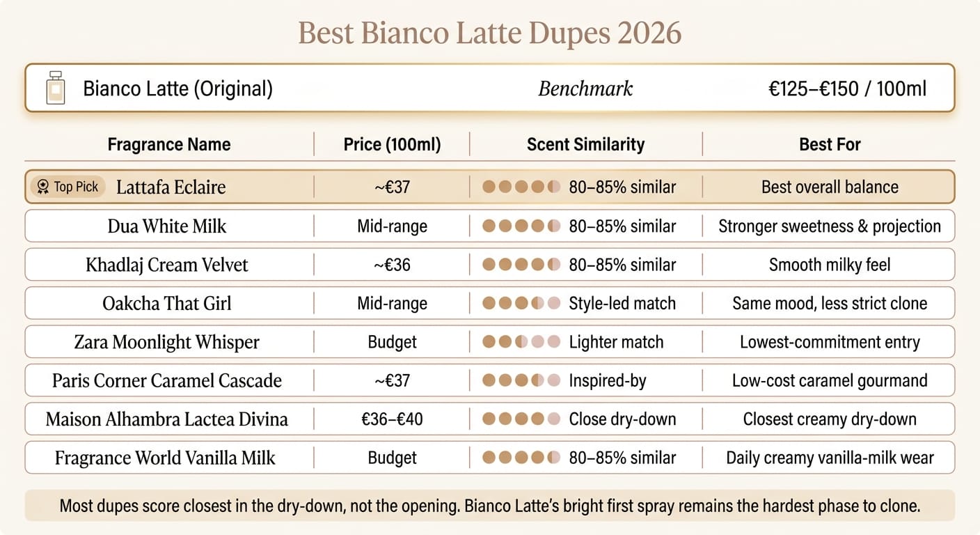 Best Bianco Latte Dupes 2026: Price vs. Similarity Comparison