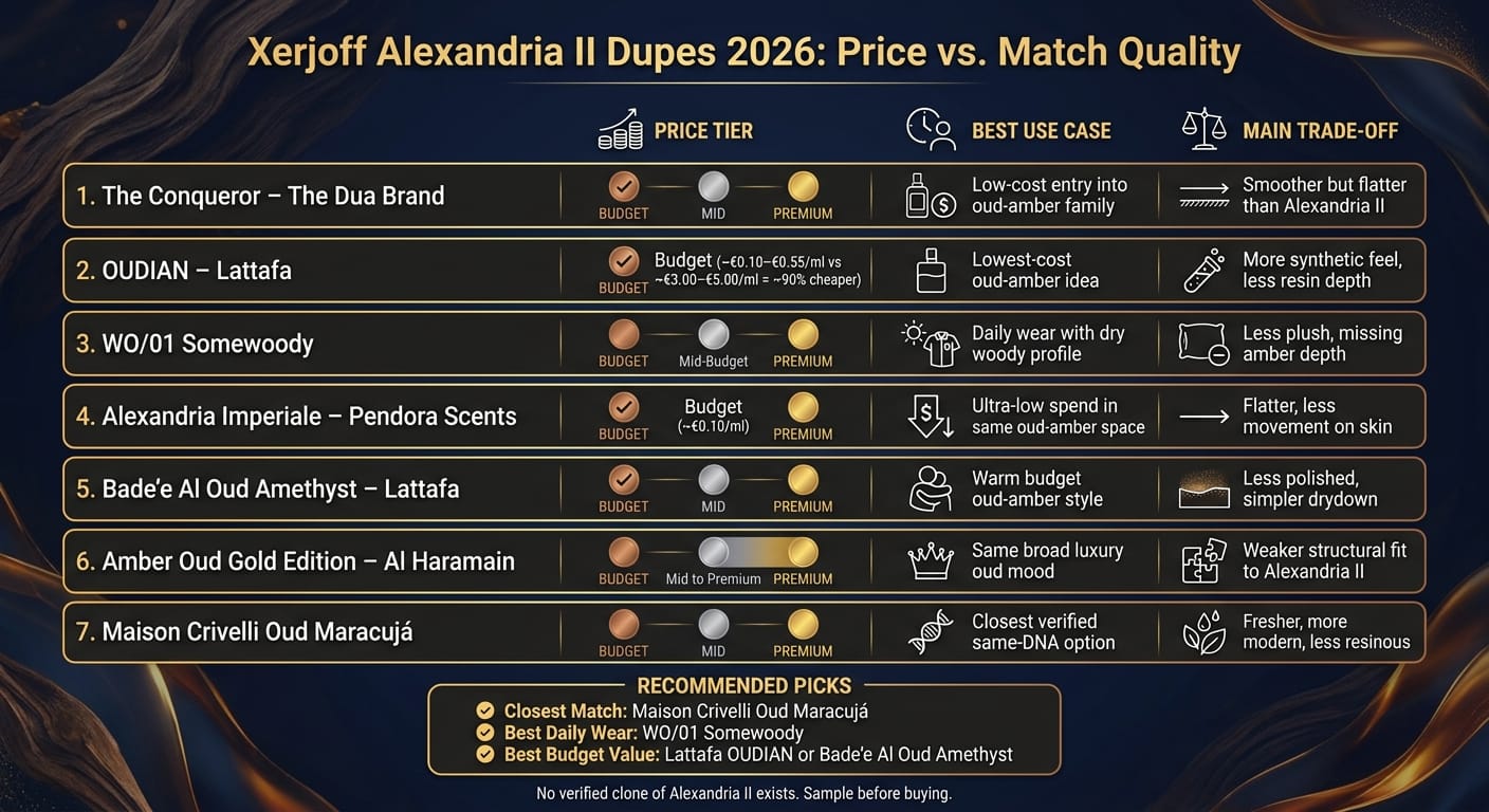 Equivalentes de Xerjoff Alexandria II 2026: Comparativa de precio y similitud