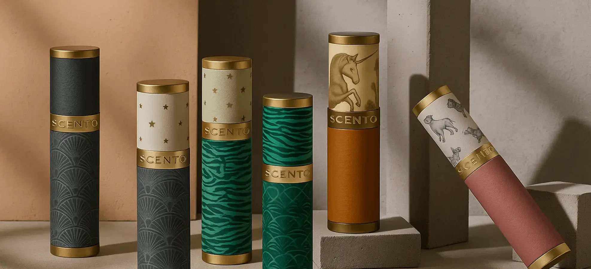Six of Scento's leather-wrapped refillable travel atomisers, each embossed with the Scento name, arranged on stone plinths.