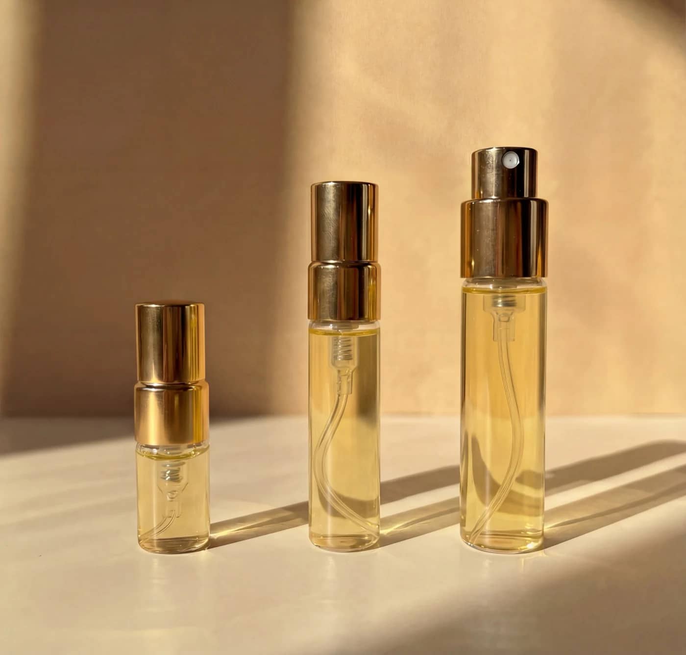 Scento perfume sample vials in 2ml, 5ml, and 8ml sizes with atomizer